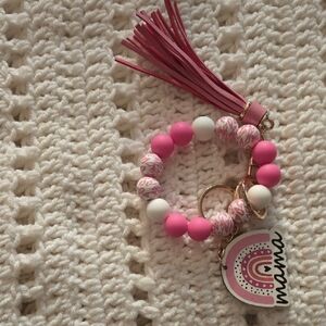 Pink and White Beaded Keychain with Tassel And Mama Keychain